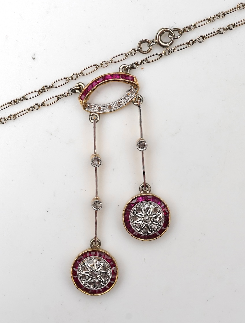 An Art Deco synthetic ruby and diamond pendant, France, 1920s